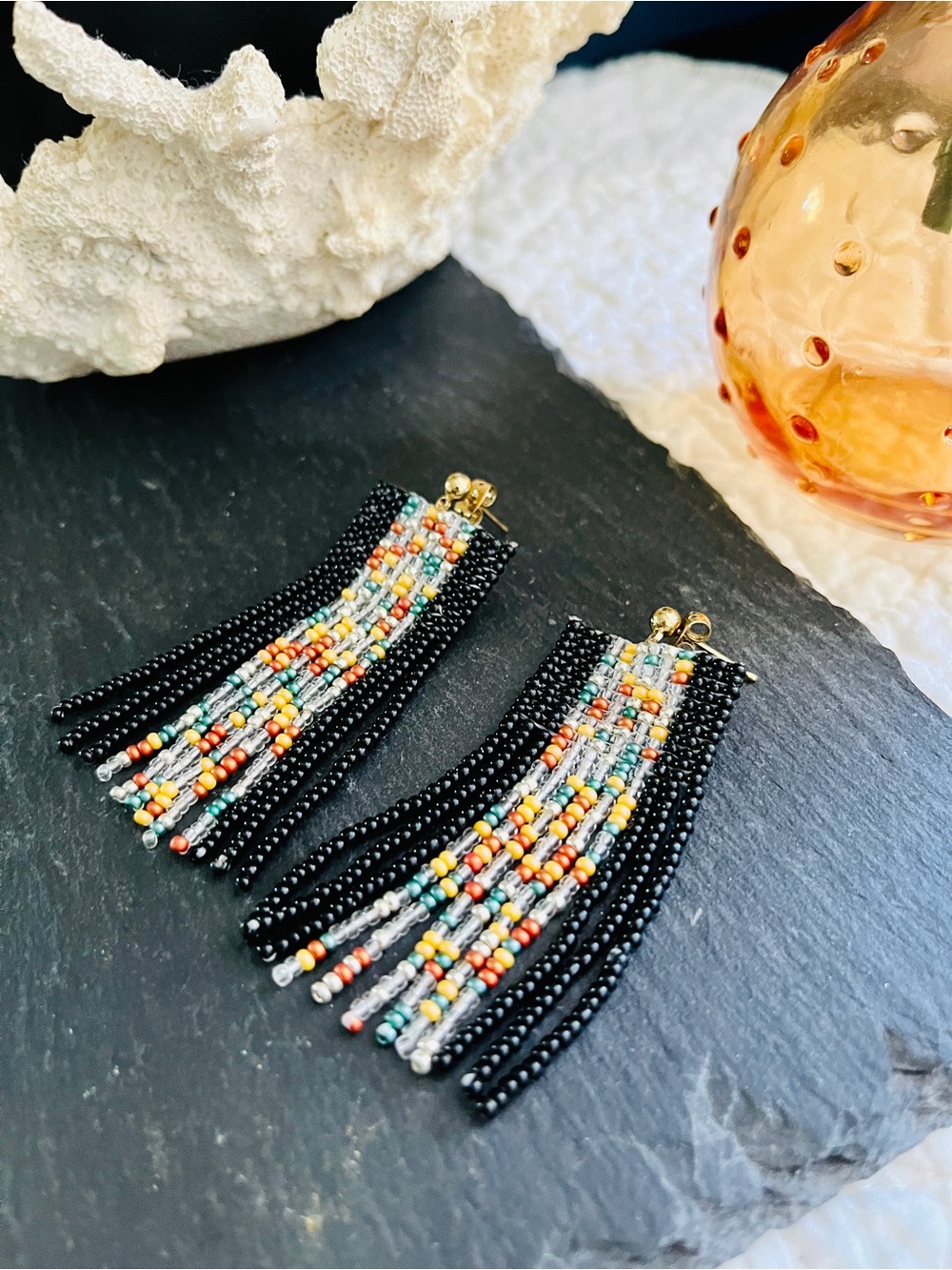 Handmade Black Multi-Color Seed Bead Fringe Earrings